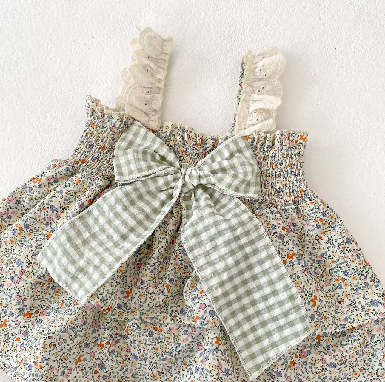 Sage green two piece bow top and bloomer summer set