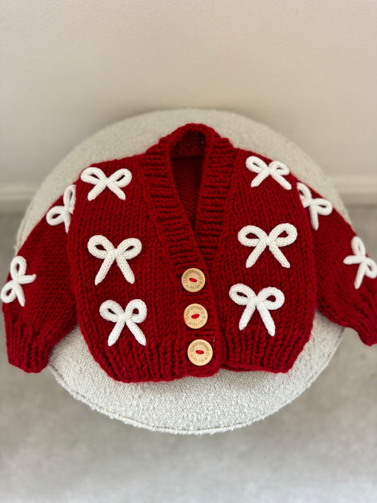Christmas red and white bow handknitted cardigan