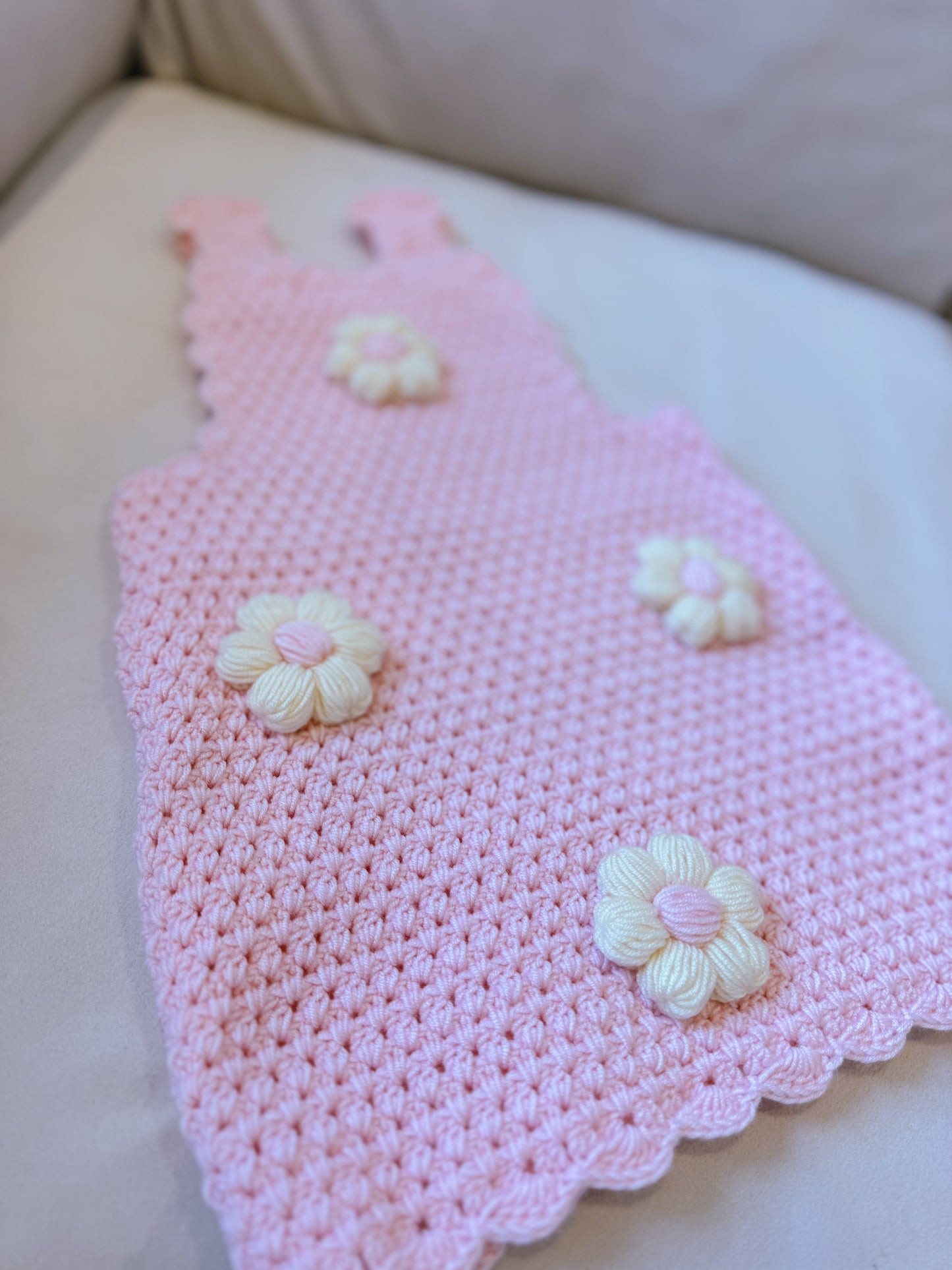Hand crochet thick flower dress baby pink