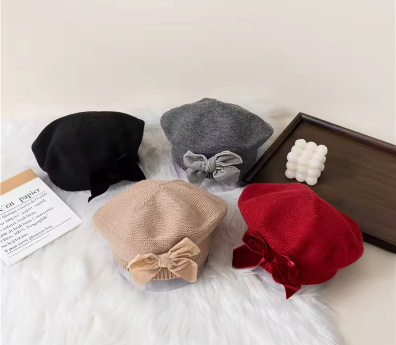 Velvet bow knit berets