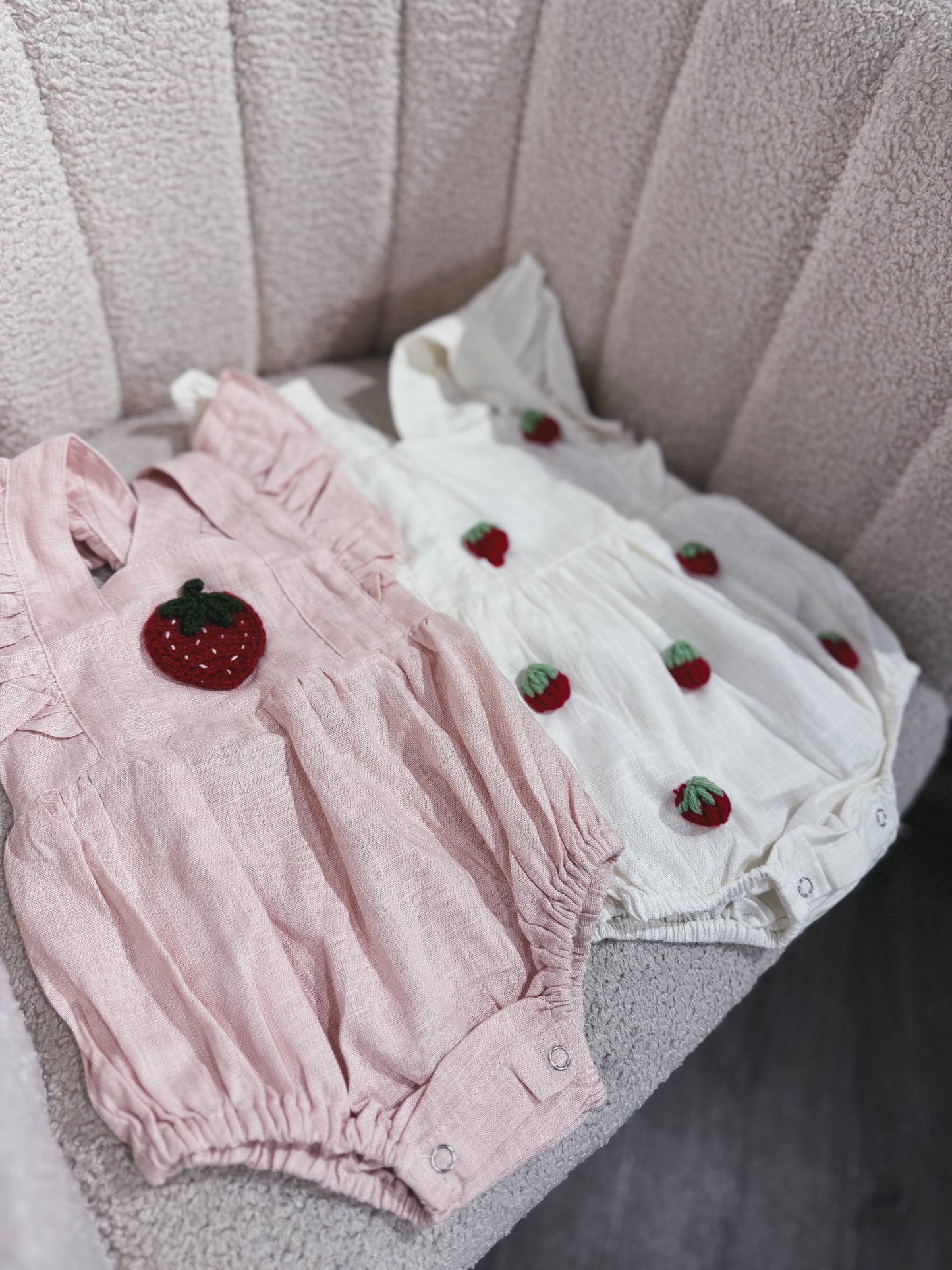 Hand crotchet spring strawberry rompers (in stock)