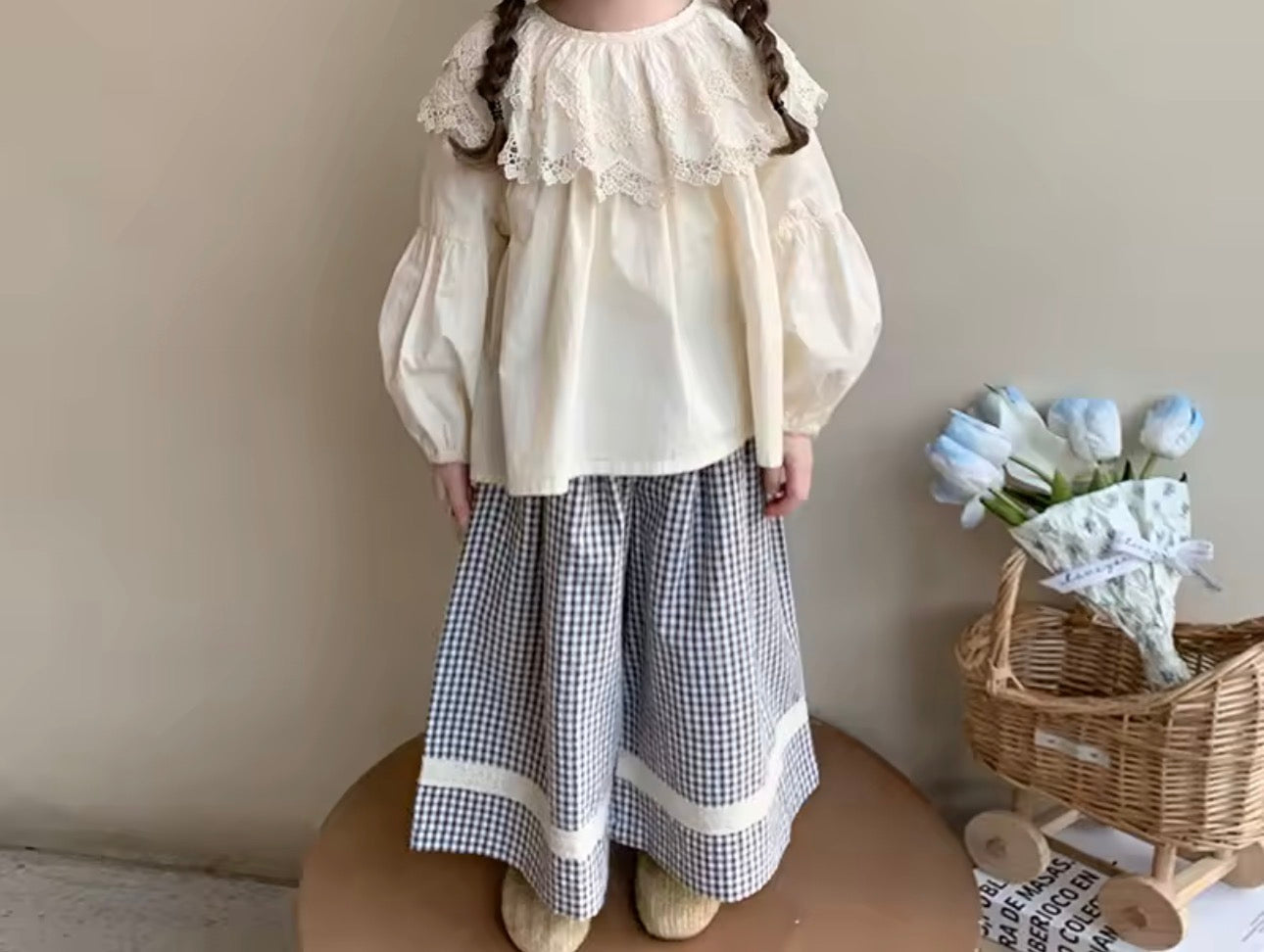 Oversized frill collar top and chequered wide leg trouser set