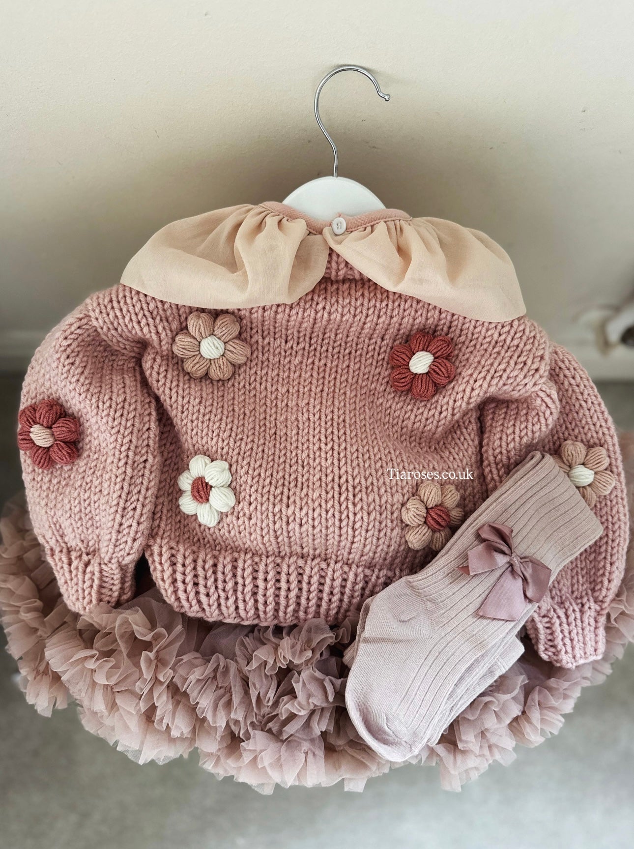 Handknitted cream flower cardigan, top, tutu and tights 4 piece set