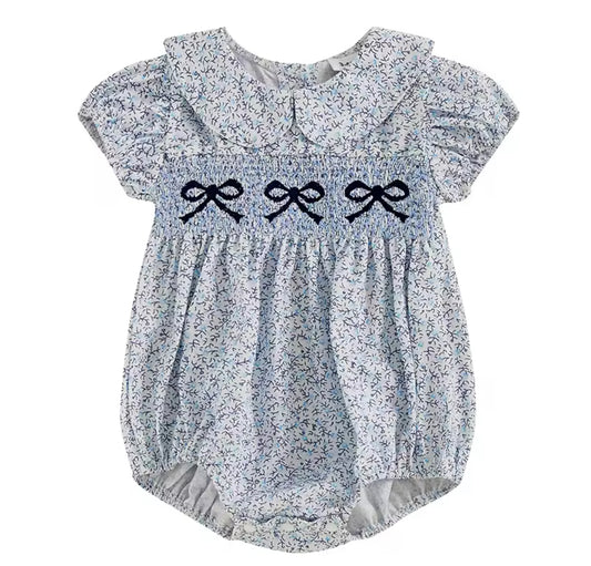 Spring blue embroidered bow romper (pre order)