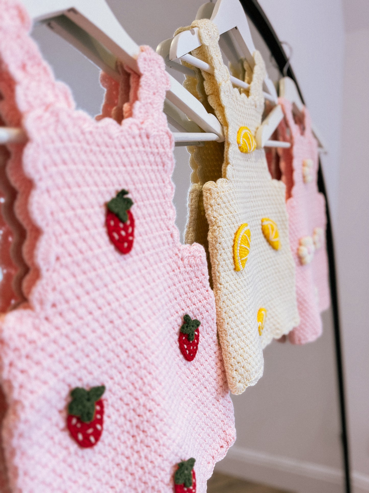 Hand crochet thick strawberry dress baby pink