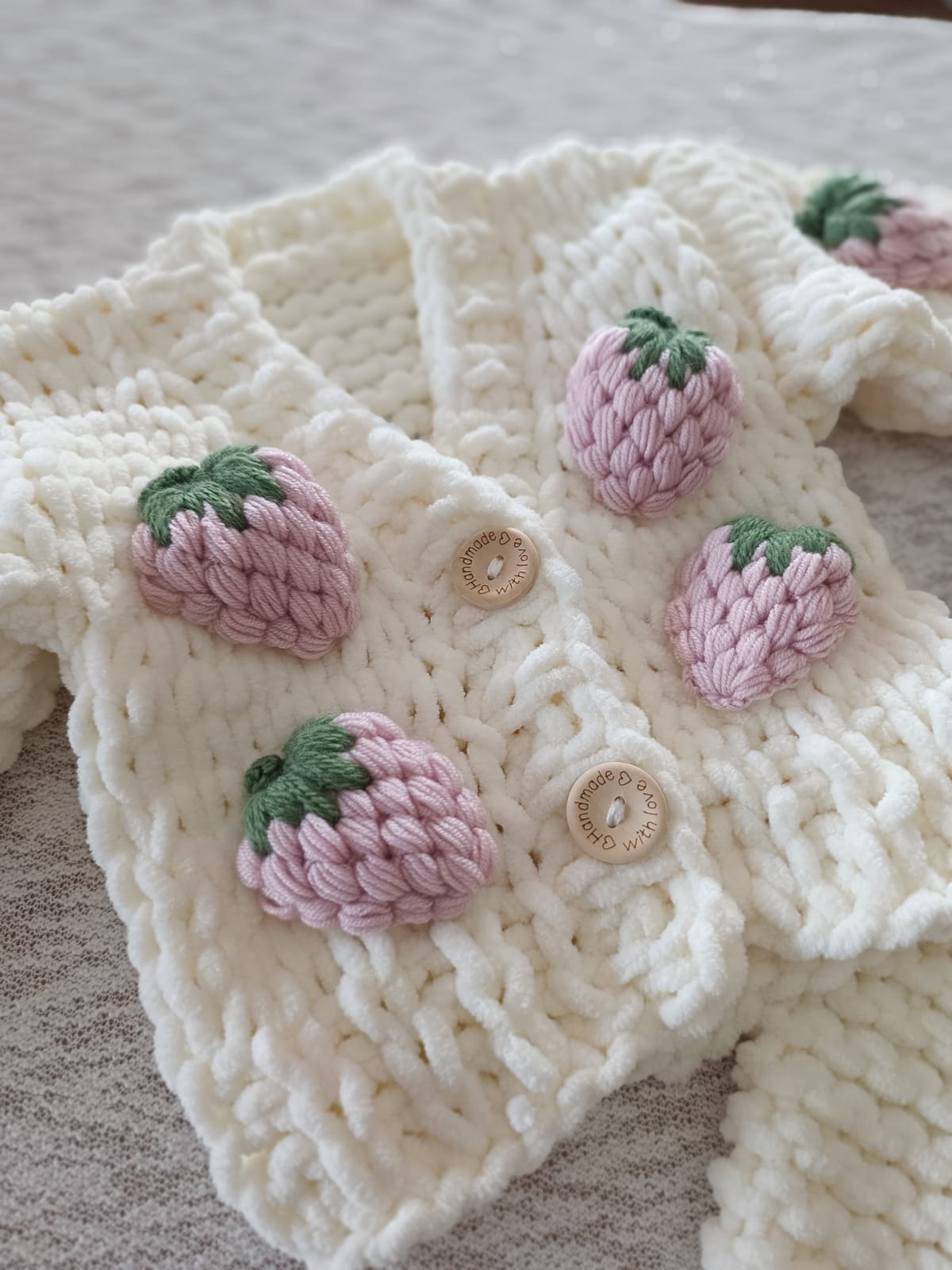 In stock Soft white hand knit knit pink strawberry cardigan