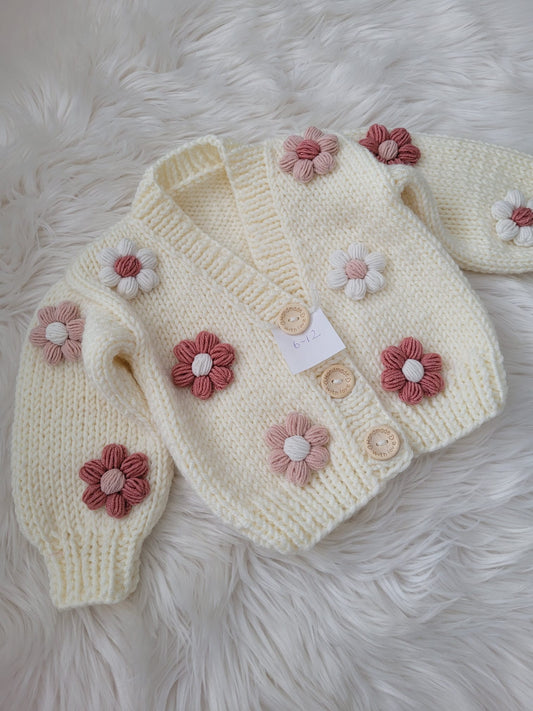 Handknitted cream and pink flowers on front and back new style