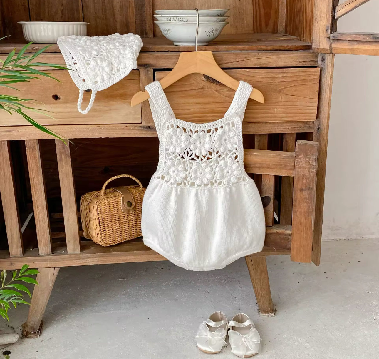 Boho summer crochet white romper/bonnet
