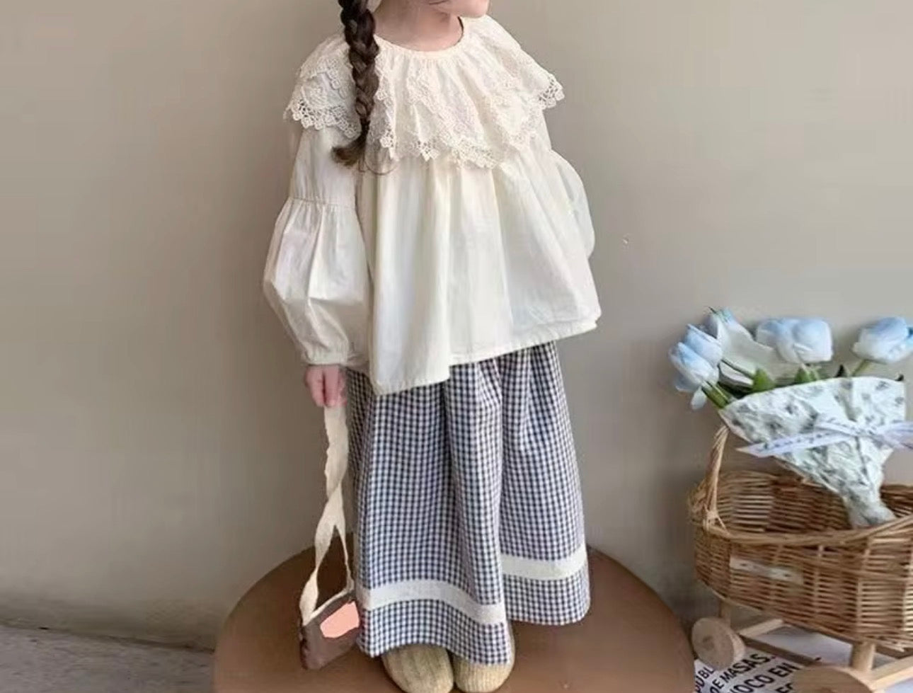 Oversized frill collar top and chequered wide leg trouser set