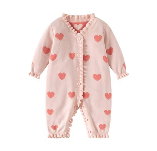 Thick knitted pink heart frill romper