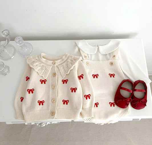 Pre order cream knit bow cardigan and romper 2 piece set