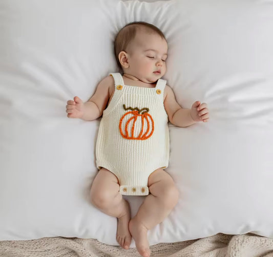 Pumpkin embroidered knitted romper
