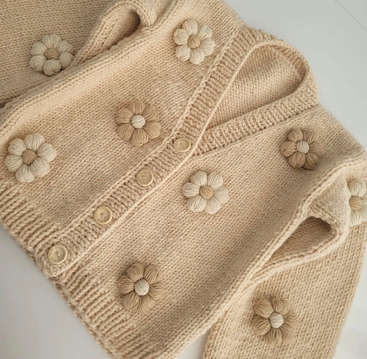 Mama and me handknitted beige flower 2 cardigan set