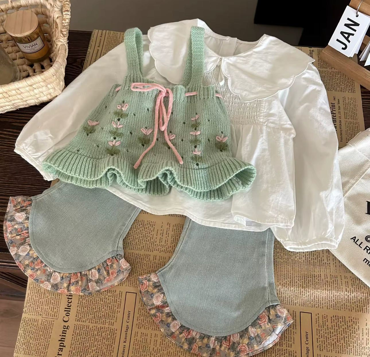 Spring 3 piece jeans shirt and knit top set (pre order)