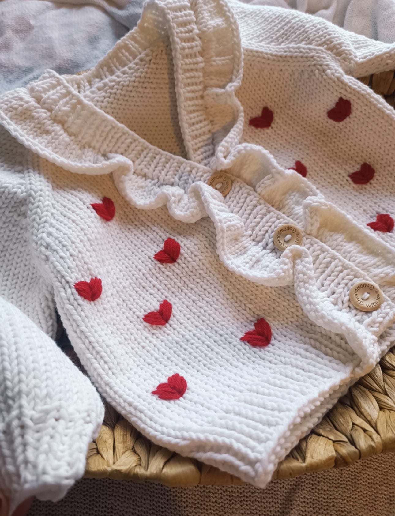 Pre order summer hand knitted love heart ruffle cardigan