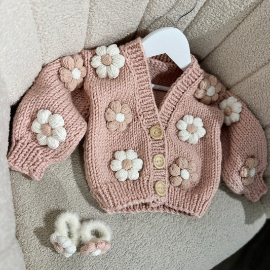 Pre order handknit flower pink cardigans (flowers on arms and front)