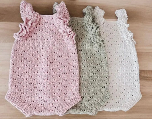 Pre order summer hand knitted heart ruffle rompers