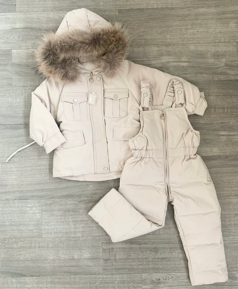 Duck down snowsuit set with a faux fur trim