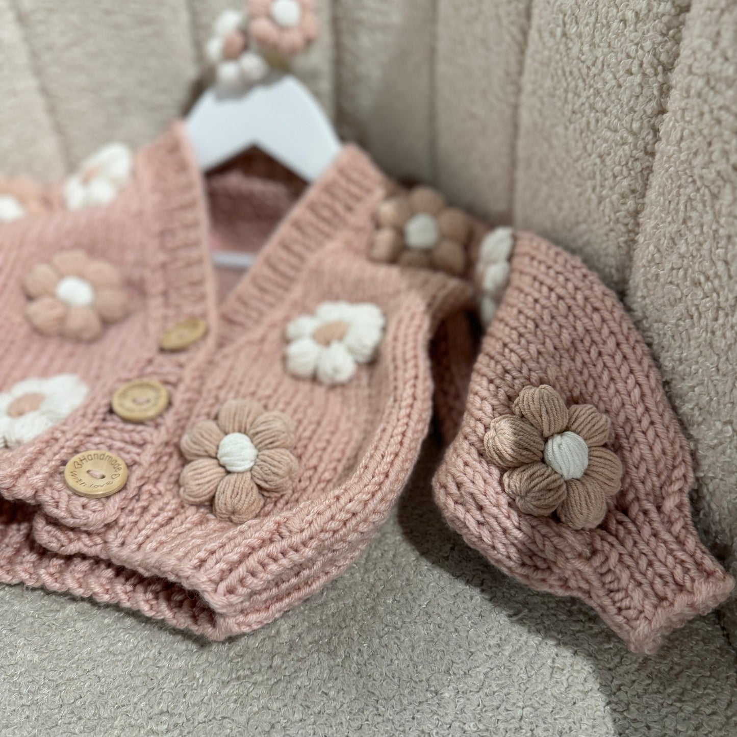 Pre order handknit flower pink cardigans (flowers on arms and front)