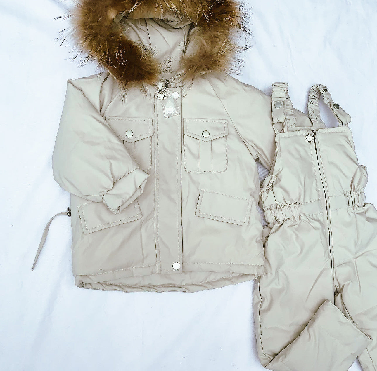 Duck down snowsuit set with a faux fur trim