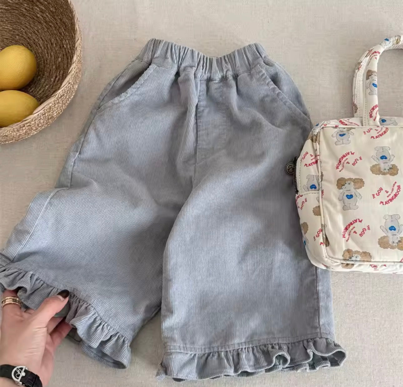 Corduroy frill trim trousers