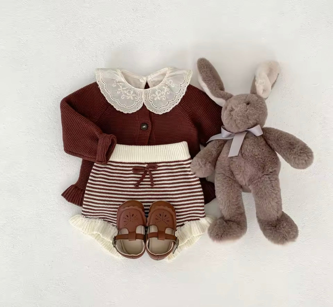 Burgundy knit two piece cardigan and bloomer set