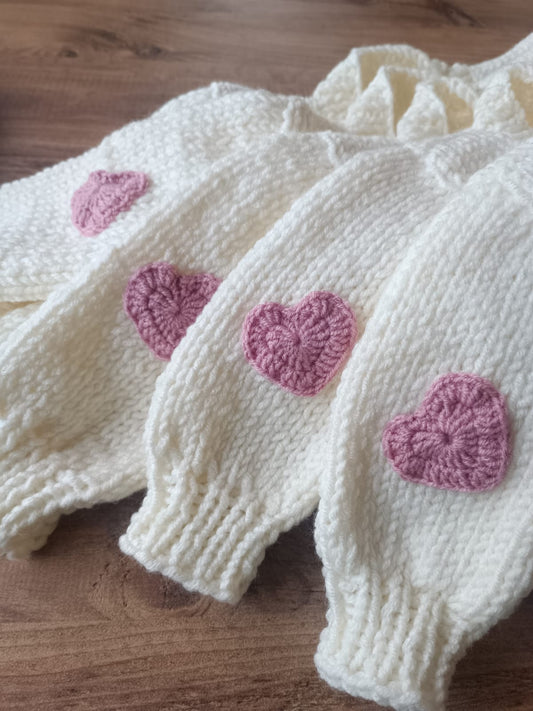 Pre order cream handknit cardigan with pink hearts