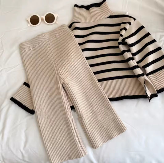 Beige and black stripe thick knit two piece set