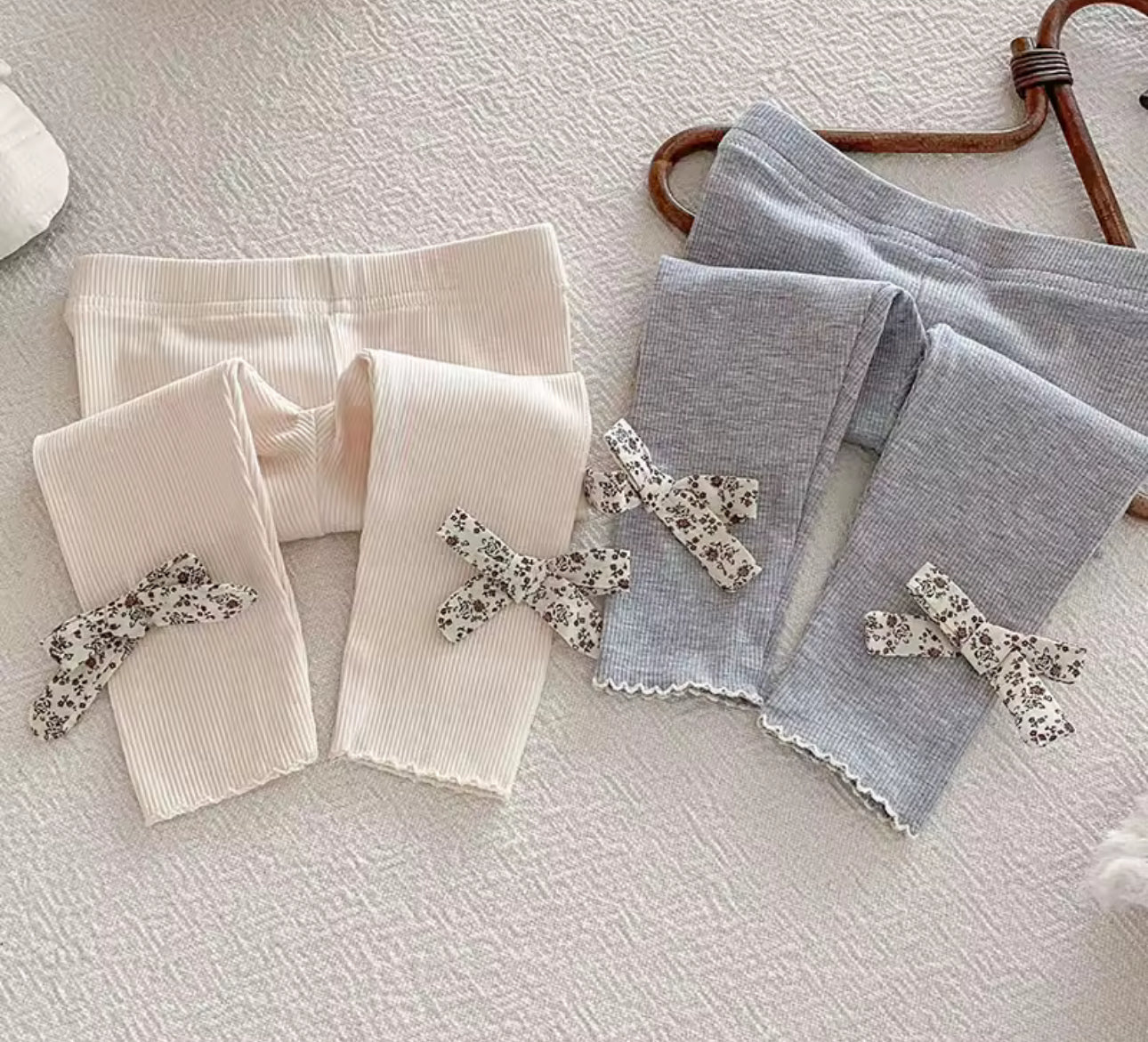 Autumn ribbed cotton floral bow leggings