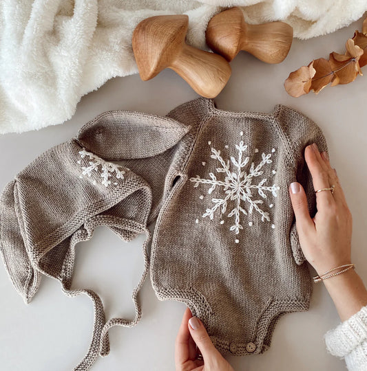 Handknitted snowflake knitted romper/bonnet brown