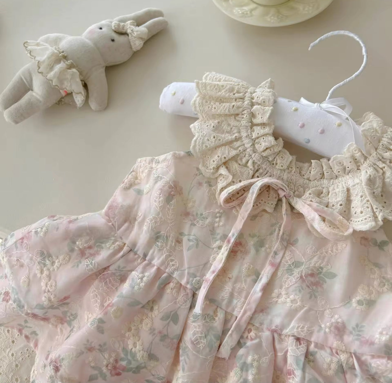 Floral summer dusky pink lace trim dress