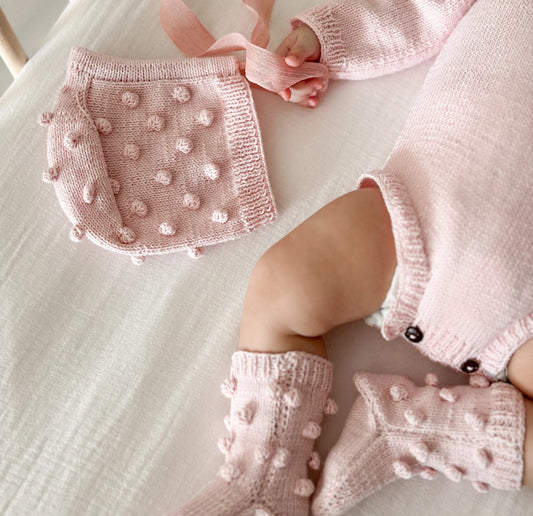 Baby pink handknitted collection romper/bonnet/booties