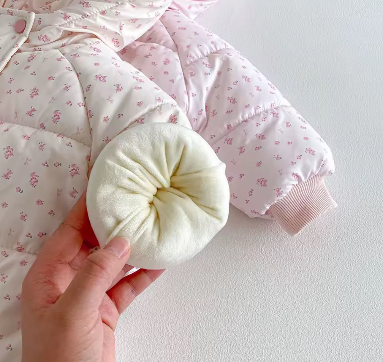 Floral bow puffer coats