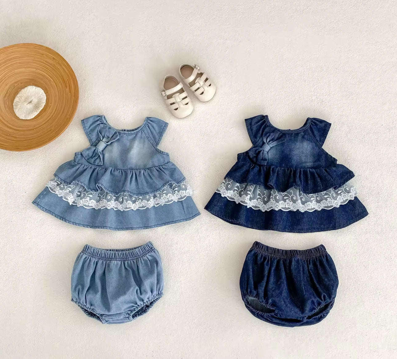 Pre order summer denim lace trimmed two piece set