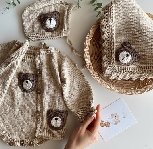 Handknitted teddy collection/cardigan/romper/blanket/bonnet