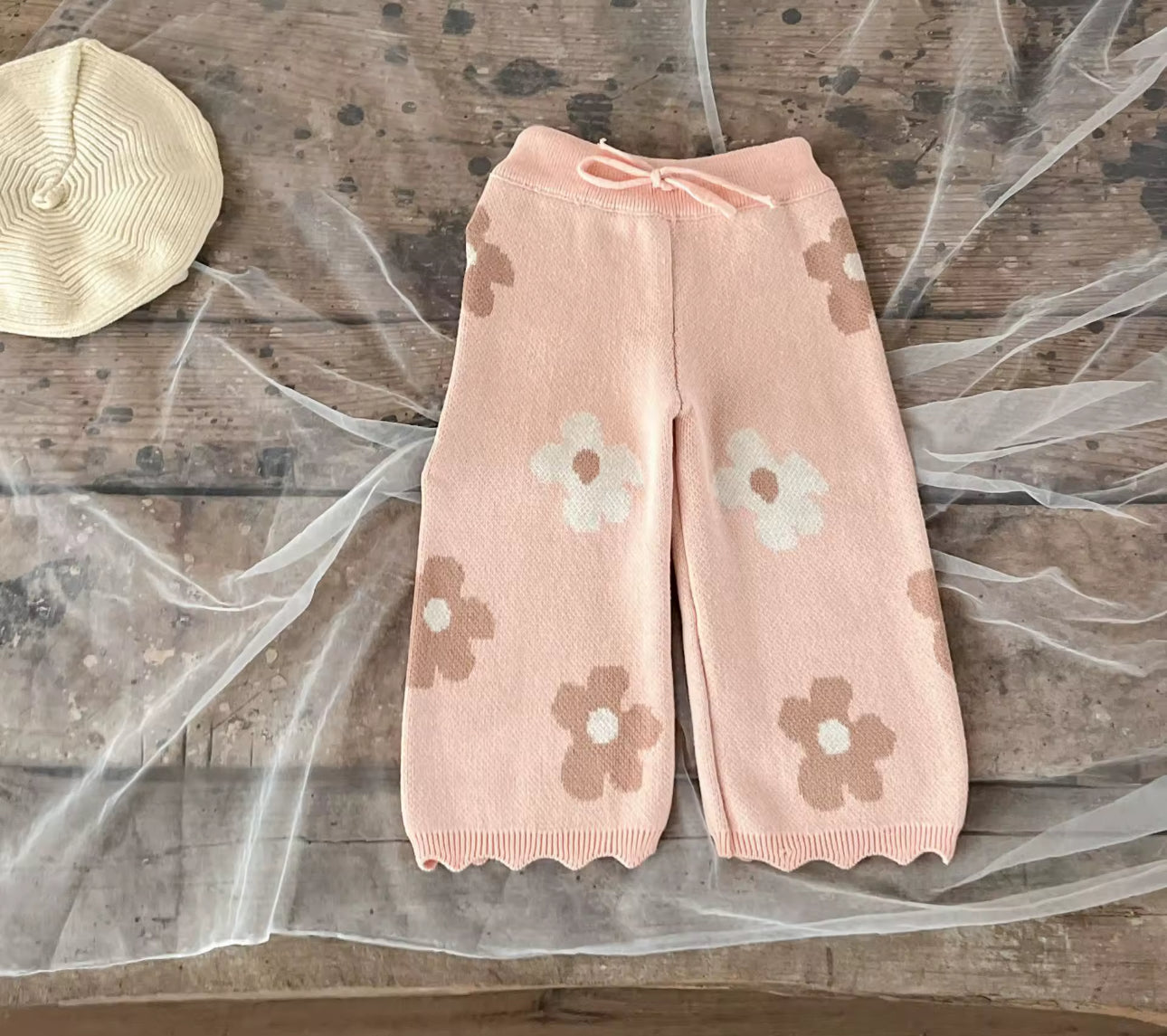 Thickened knitted flower two piece pink set