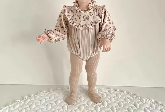 Light brown corduroy floral thick romper