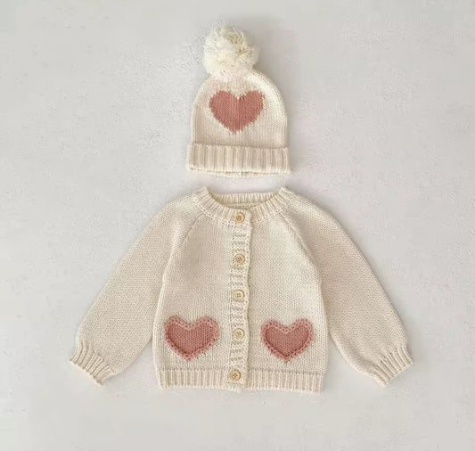 Knit cream & pink heart cardigan and hat set
