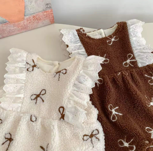 Thick fleece bow print rompers