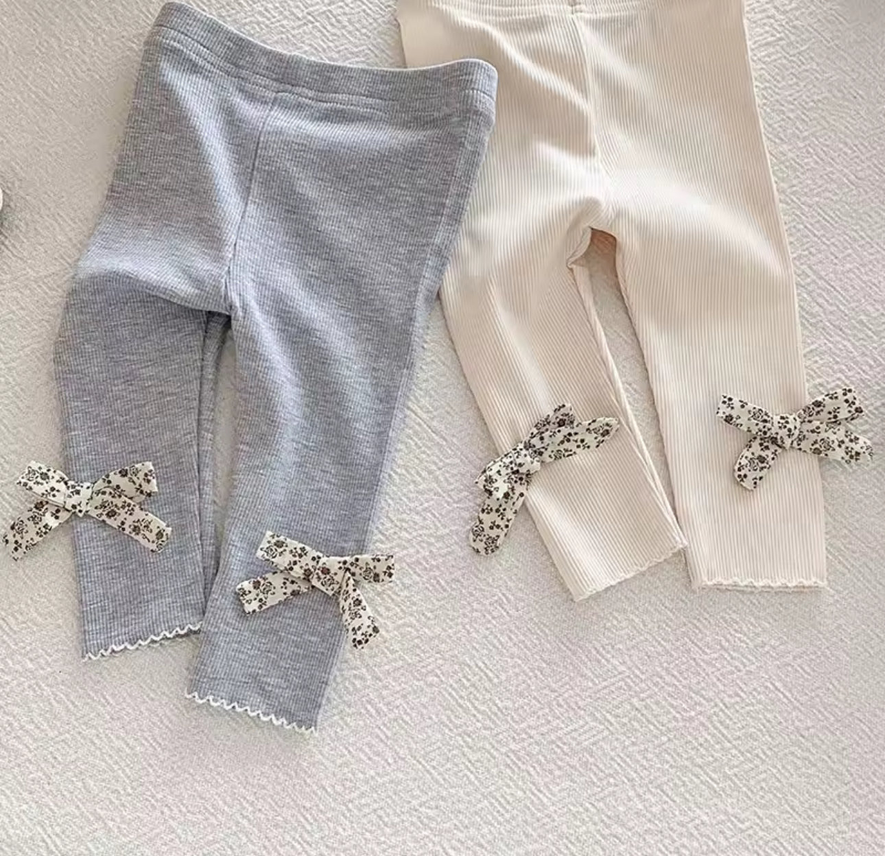 Autumn ribbed cotton floral bow leggings