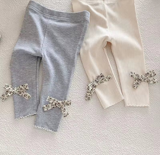 Autumn ribbed cotton floral bow leggings
