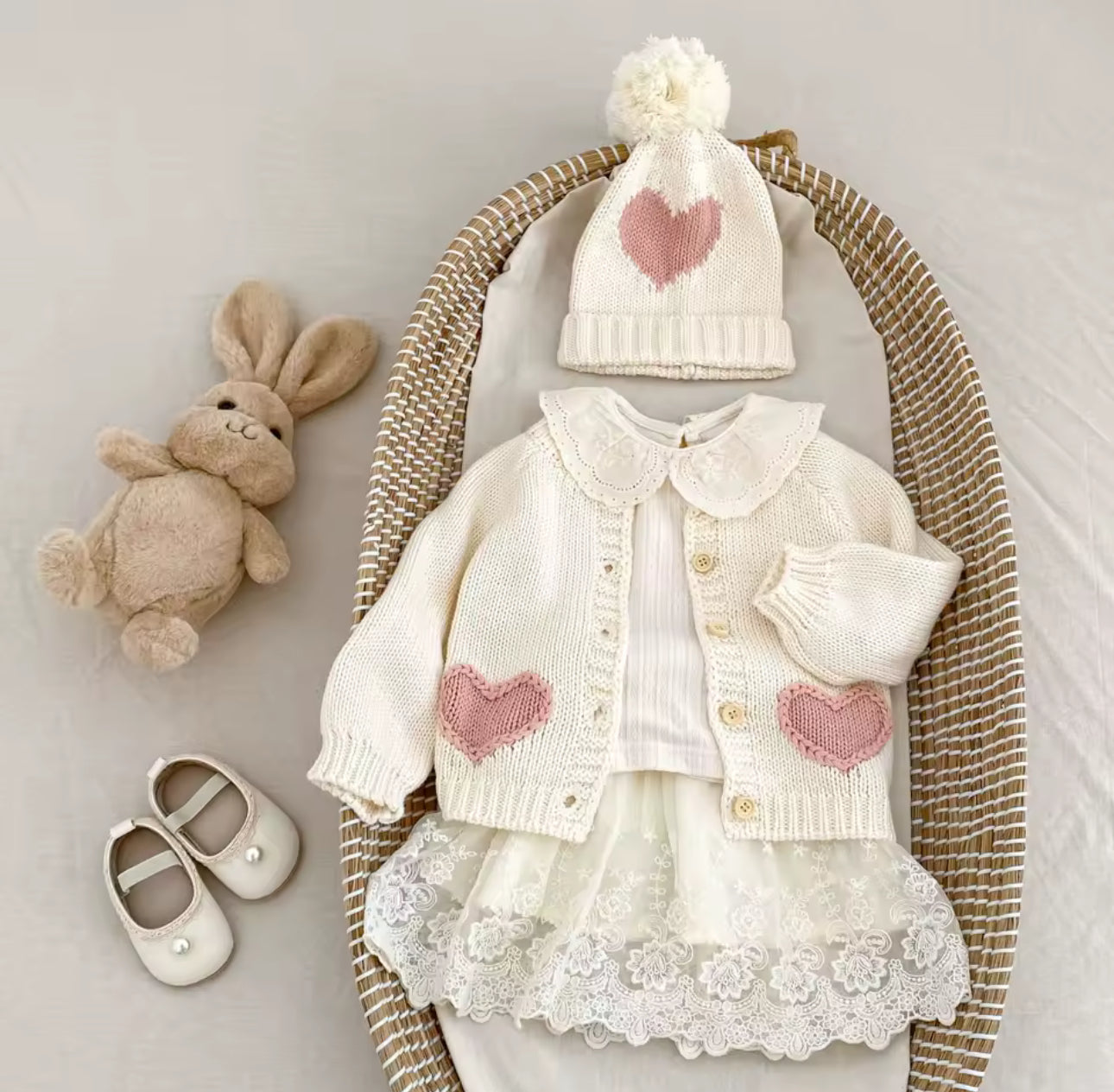 Knit cream & pink heart cardigan and hat set