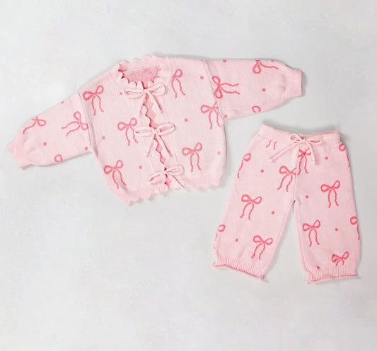 Pink bow thick knit two piece set