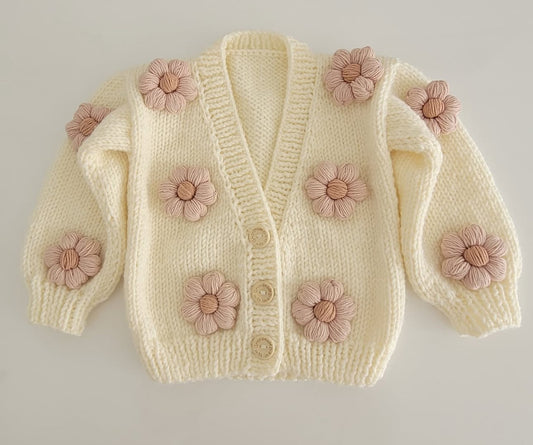 Mama and me handknitted pink flower 2 cardigan set