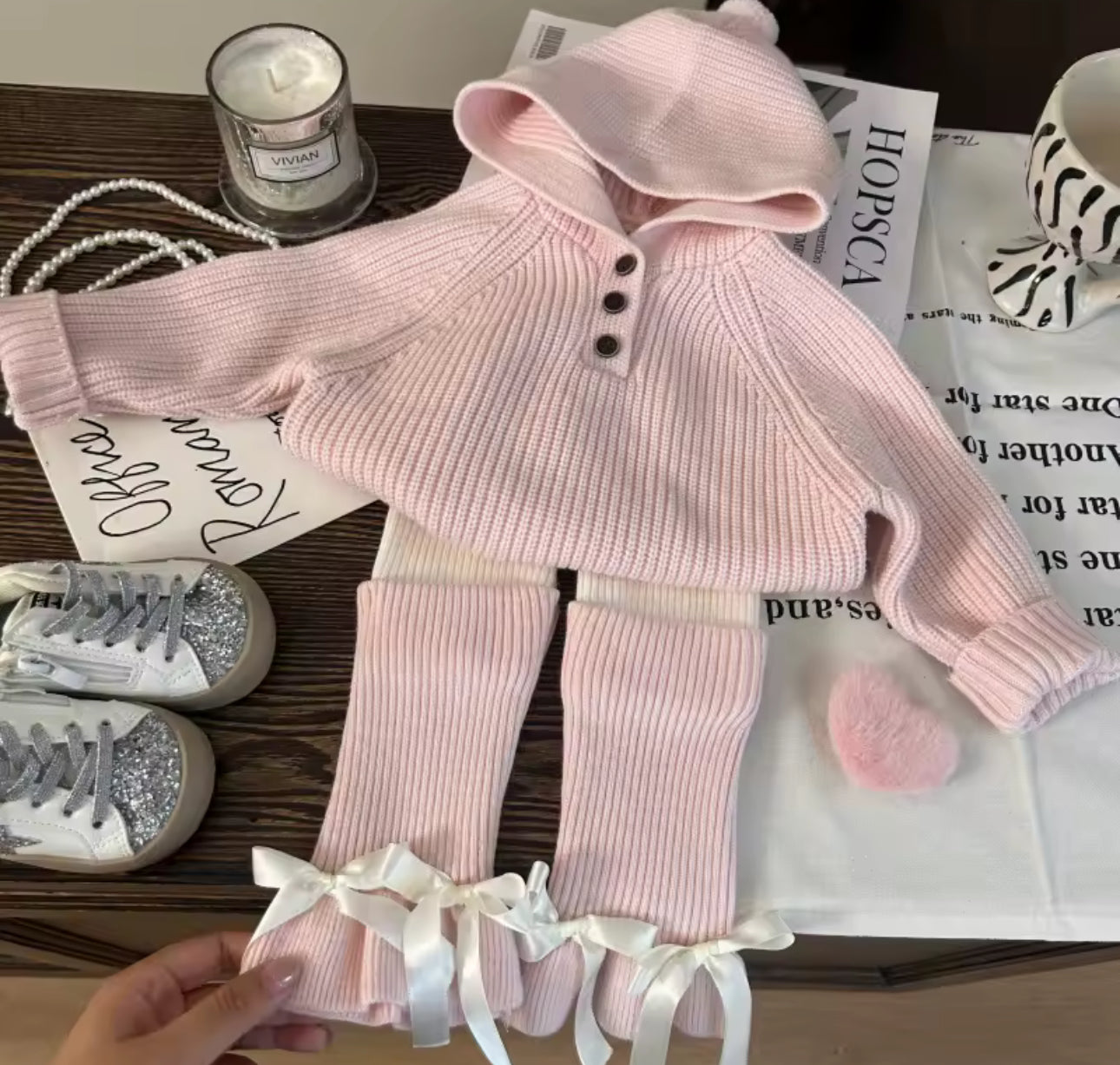 Knit ribbon hoodie leggings set