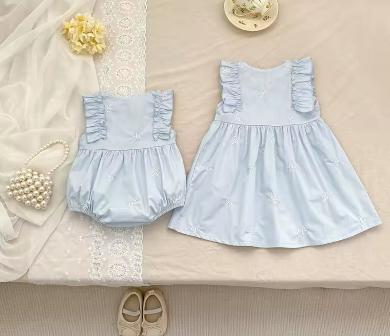 Pre order summer sister matching blue romper/dress