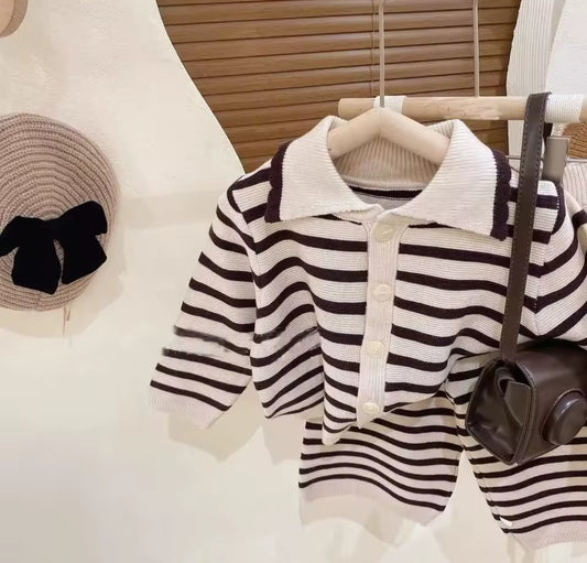 Coffee stripe two piece buttoned knit set