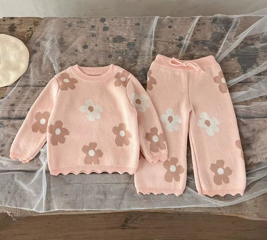 Thickened knitted flower two piece pink set
