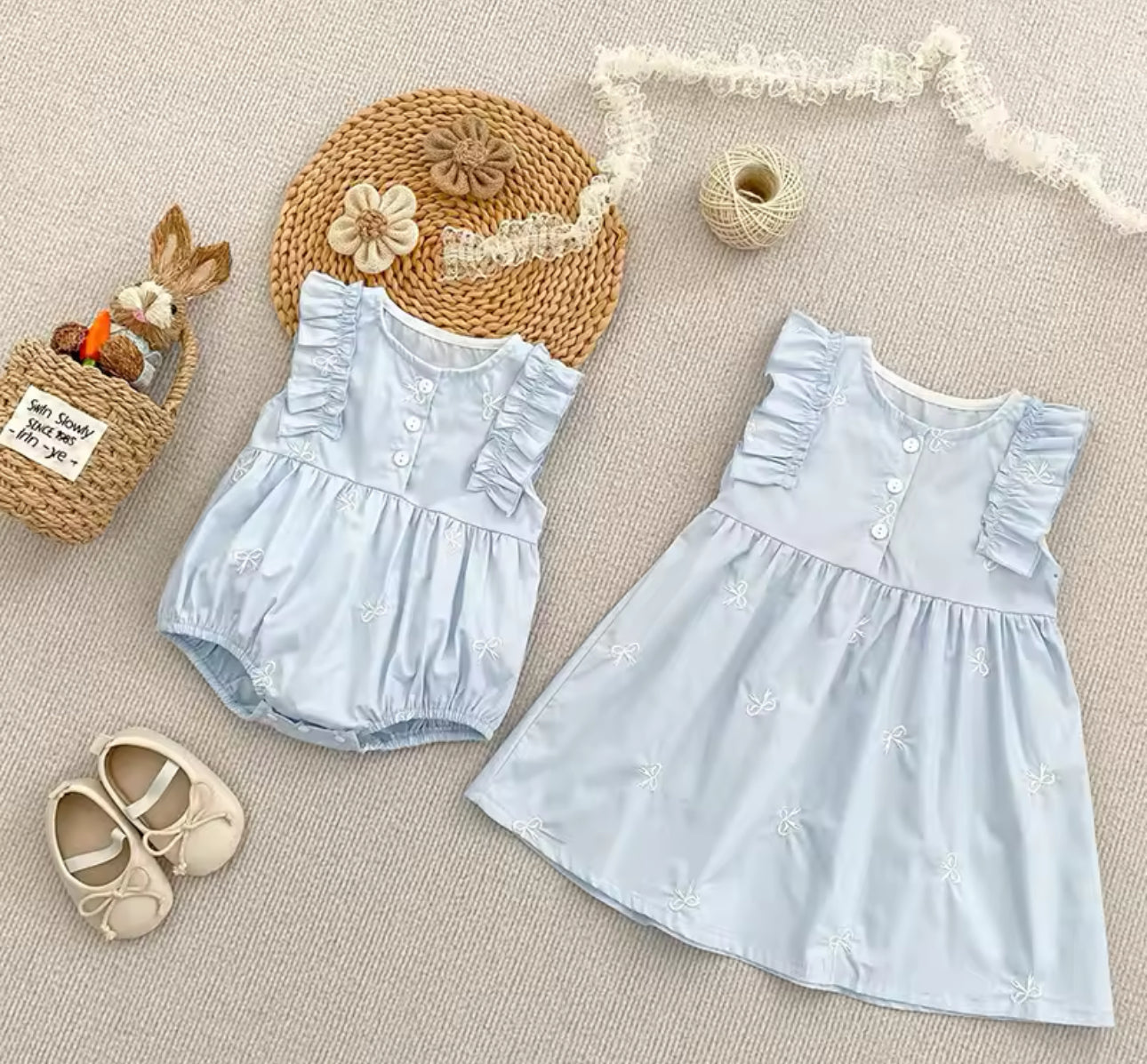 Pre order summer sister matching blue romper/dress