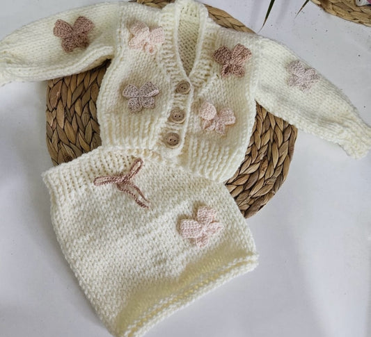 Pre order handknit cream cardigan with brown and pink bows